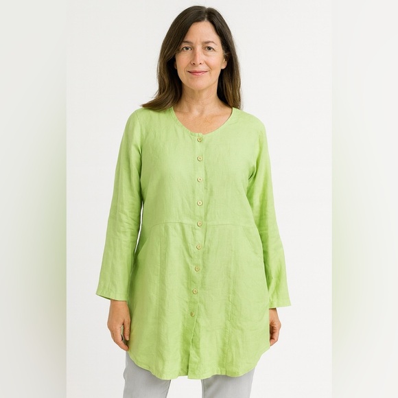 Flax 100% Linen Dress Small Green Button Down Pockets Long Sleeve Tunic Pleated - Picture 1 of 13